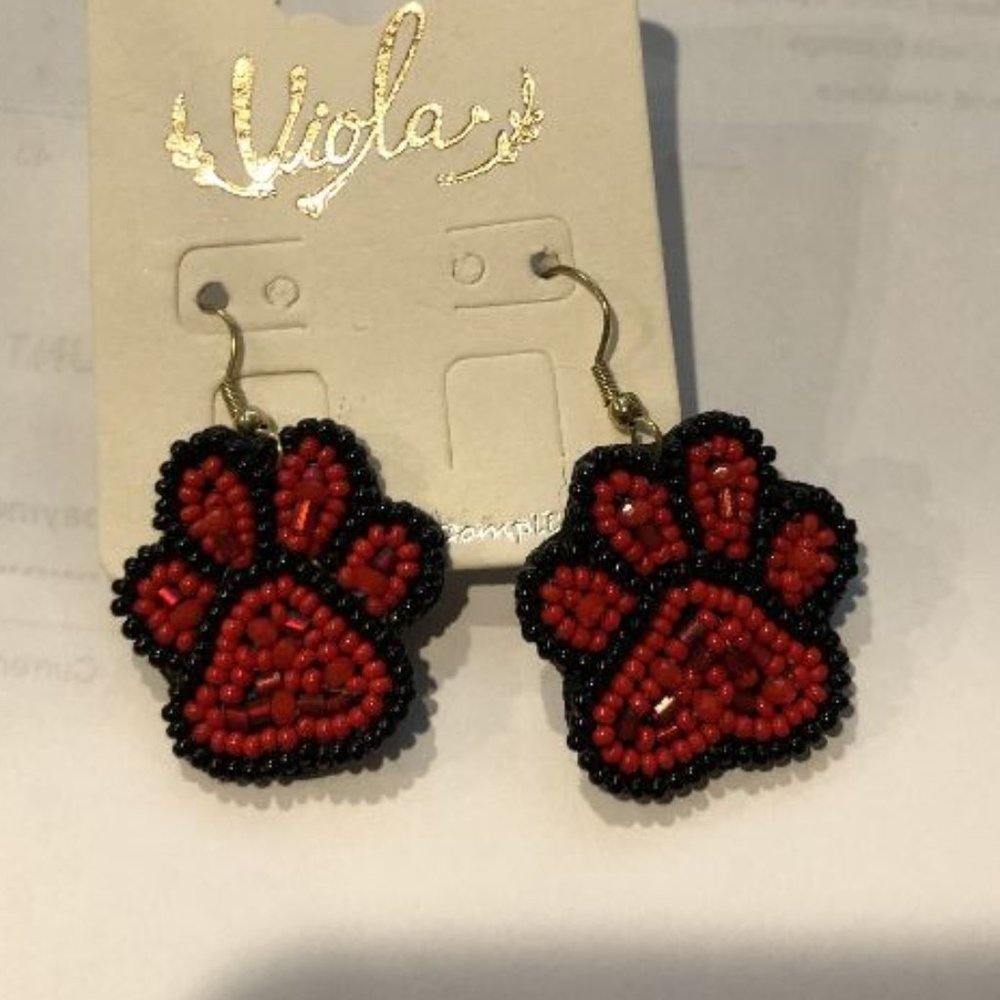 Red & Black Paw Print Beaded Earrings